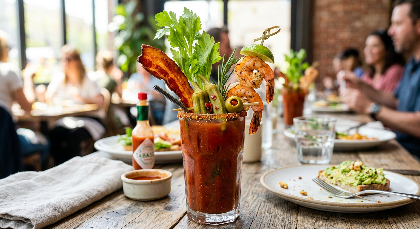 Bloody Mary garnished with bacon and shrimp