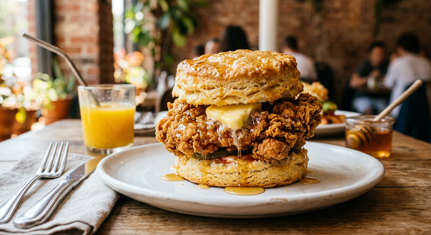 Golden buttermilk biscuit sandwich with fried chicken and honey drizzle